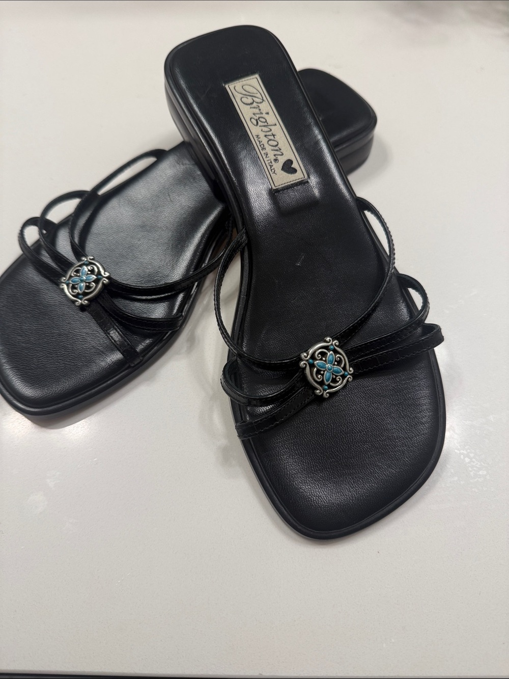 Brighton Lexi Black Slide Sandals with Turquoise Accent Medallions
